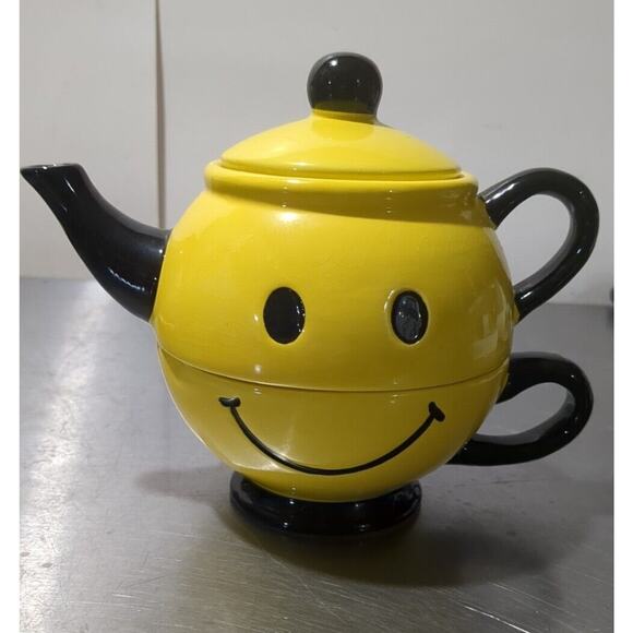 Smiley Face 3 Piece Tea Pot Mug ”Breakfast makes me happy” Cracker Barrel Yellow - Picture 3 of 6